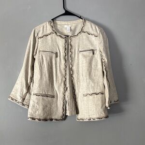 Chicos Women’s Linen Open Front Faux Snakeskin Trim 3/4 Sleeve Jacket 1 (8/10)